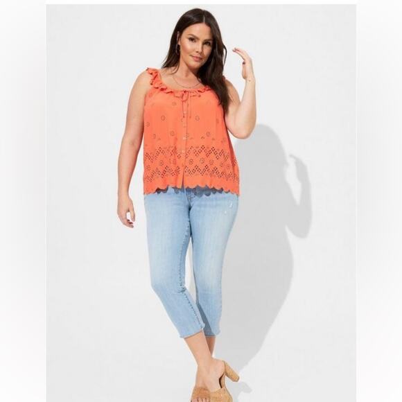 Torrid Nasturtium Eyelet Ruffle Tie Front Tank Top - Picture 2 of 9